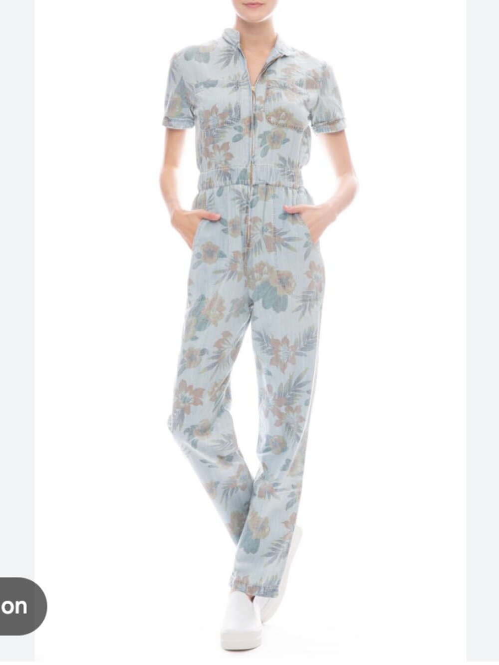 MOTHER the zip up jumpsuit fresh cut floral light wash denim S